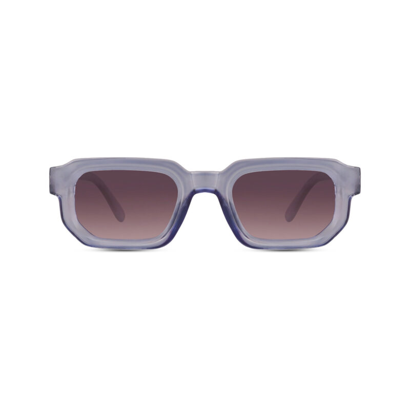 Haze — lunettes de soleil carrée, monture bleue translucide, verres sombres