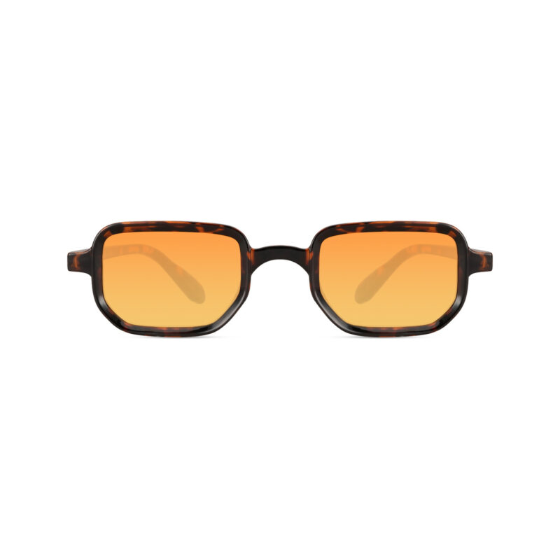 Tanger — lunettes de soleil rectangulaire rétro, monture brune, verres orange