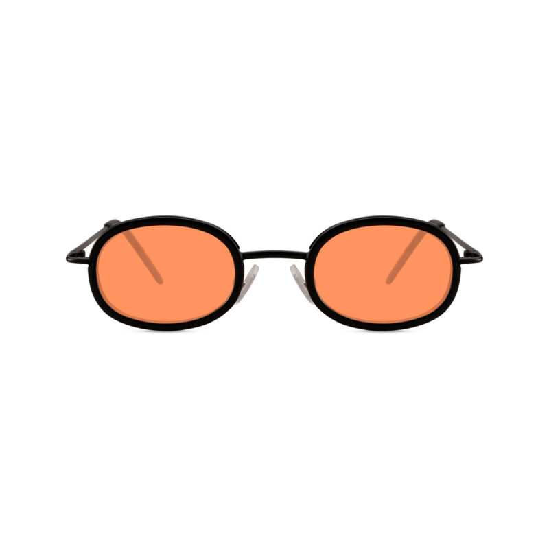 Solstice — lunettes de soleil ronde, monture noire brillante, verres orange