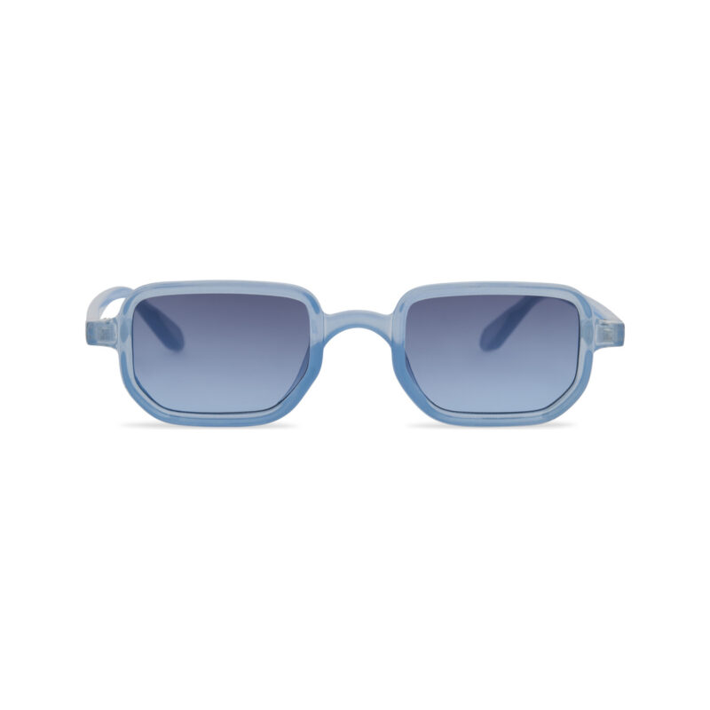 Glacier — lunettes de soleil rectangulaire basse, monture bleue translucide, verres bleus